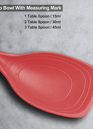 Large Silicone Cooking Spoon, Non-Stick Solid Spoon set with Deep Bolw and Measurement Mark for Mixing, Serving, Draining, Scooping, Scraping, Heat Resistant Kitchen Utensils, Red
