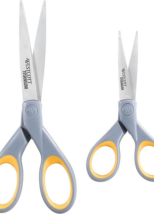 Westcott ‎13824 7” & 5” Pointed Titanium-Bonded Crafting Scissors with Soft Handles, Gray/Yellow (2 Pack)