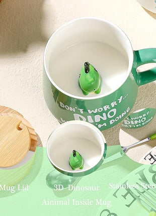 BigNoseDeer Cute Dinosaur Mug Ceramic Coffee Mug with 3D Cartoon Dino Inside,Funny Mugs with lid Spoon,White Elephant Gifts for Adults,Gag Gifts for Women Animal Gift Cute Stuff Cool Stuff