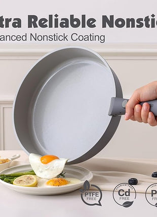 SENSARTE 17 Piece Ceramic Pots and Pans Set, Nonstick Detachable Handle Cookware, Induction Kitchen Cookware Set with Removable Handle, Dishwasher ＆ Oven Safe (Gray)