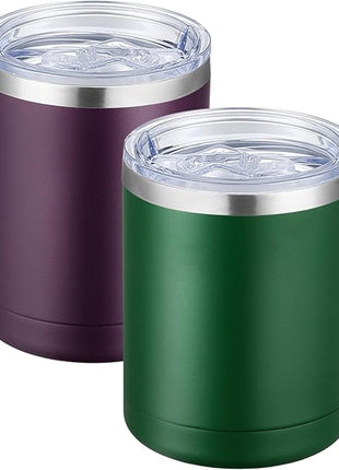MEWAY 12oz Coffee Mug With Handle 2 Pack Bulk,Stainless Steel Insulated Travel Tumblers With Sliding Lid,Double Wall Vacuum Camping Cup for Hot & Cold Drinks Tea (Forest Green&Plum,Set of 2)