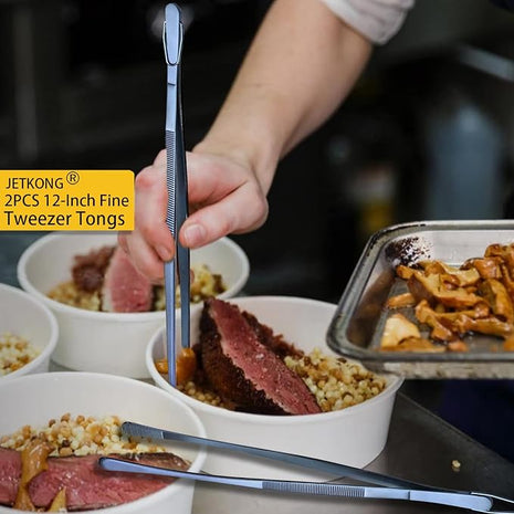 JETKONG 2 Pcs 12-Inch Cooking Tweezer Tongs Stainless Steel Kitchen Tweezers Plating Tongs (Navy Blue)