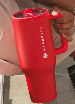HydroJug Traveler - 32 oz Water Bottle with Handle & Flip Straw - Fits in Cup Holder, Leak Resistant Tumbler-Reusable Insulated Stainless Steel & Rubber Base - Gifts for Women & Men, Alumni Red