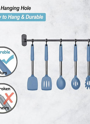 Silicone Spatula and Cooking Spoon,5 Pack Solid & Slotted Spoons and Spatulas High Heat resitant for Kitchen, Stainless Steel Handle Coated with Silicone, Non Stick Utensil, Starry blue