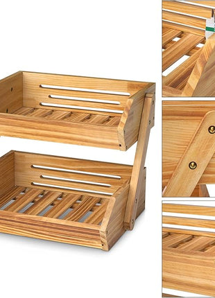 2 Tier Wooden Fruit Basket For Kitchen, Bread Vegetable Fruit Basket Bowl Stand, Farmhouse Fruit Bowl for Countertop, Large