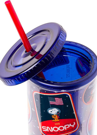 Silver Buffalo Peanuts Space Traveling Patches Featuing Snoopy Plastic Tall Cold Cup with Lid and Straw, 20 Ounces
