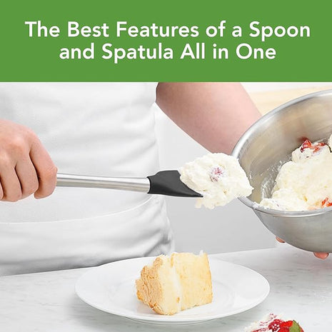 Tovolo Spoon Spatula Spoonula with Stainless Steel Handle Ergonomic Grip Black, Silicone Scoopula Kitchen Utensil Non Scratch Easy Clean Dishwasher Safe Heat Resistant Flex Core Scoop Spatula