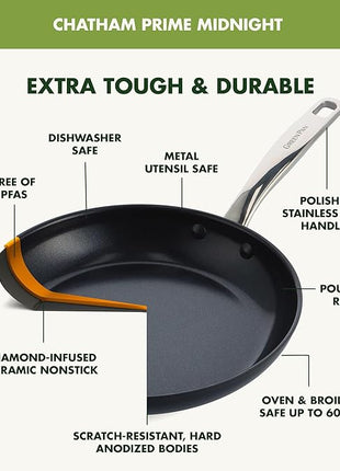 GreenPan Chatham Prime Midnight 8" and 10" Frying Pan Set, Hard Anodized Ceramic Nonstick, PFAS-Free, Dishwasher Safe, Oven Safe, Healthy Cooking Skillet for Eggs and Omelets, Black