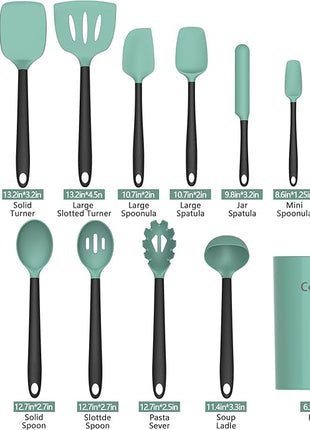 Coukre Silicone Kitchen Cooking Utensils Set with Holder – Heat-Resistant, Food-Grade Kitchen Tools, Spatula, Spoon & Gadgets for Non-Stick Pans, Dishwasher Safe (14, AquaGreen)