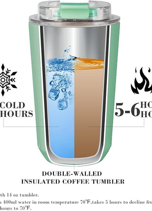 Puraville Insulated Tumblers with Lid, 14 oz Travel Coffee Mug Stainless Steel Vacuum Cup, Leak Proof Reusable Double Walled Coffee Tumbler for Iced and Hot Drinks, Green