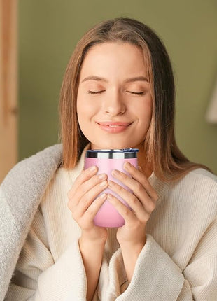 MEZMUT 12 Oz Insulated Wine Tumbler with Lid Double Wall Vacuum Stainless Steel Wine Glass Coffee Mug Insulated Tumbler Cup for Champaign, Cocktail, Beer (Pink, 4 Pack)