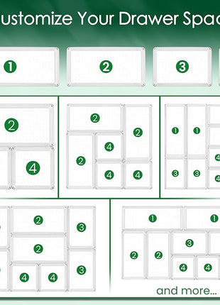 Criusia Drawer Organizer Set, Acrylic Non Slip Non Cracking Kitchen Drawer Storage Tray Large Size Divider, Multifunctional Storage for Cosmetics, Bathroom, Tools, Kitchen and Office (8 PACK)