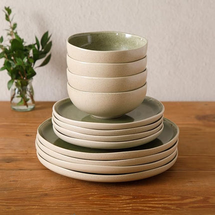 Gibson Elite Manila Bay 12-Piece Stoneware Dinnerware Set, Service for 4, Reactive Glaze Modern Artisan Plates, Bowls & Mugs, Green, Round Design