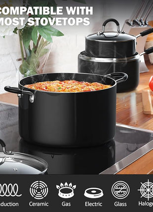Cook N Home Pots and Pans Nonstick Kitchen Cookware Sets include Saucepan Frying Pan Stockpots 8-Piece, Heavy Gauge, Stay Cool Handle, Black