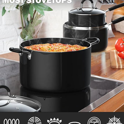 Cook N Home Pots and Pans Nonstick Kitchen Cookware Sets include Saucepan Frying Pan Stockpots 8-Piece, Heavy Gauge, Stay Cool Handle, Black