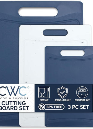 COOK WITH COLOR Non-Slip Cutting Board Set – Kitchen Essentials with Easy Grip Handle for Meat, Veggies, and Fruits, 3 Cutting Boards, Blue and White Marble