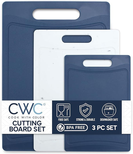 COOK WITH COLOR Non-Slip Cutting Board Set – Kitchen Essentials with Easy Grip Handle for Meat, Veggies, and Fruits, 3 Cutting Boards, Blue and White Marble