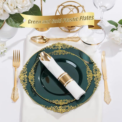 Nervure 350PCS Green Plastic Plates - Green Gold Plastic Dinnerware Sets for 50 Guests - 100 Disposable Plates, 150 Gold Silverware, 50 Cups, 50 Napkins Perfect for Wedding & Party