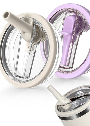 40oz Flip Straw Leak Proof Lid for Stanley H2.0 Quencher Protour Tumbler, 2 Pack Spill Proof Lid Replacement Straw Cover Top for 40 OZ Stanley Cup Accessories (Beige, Purple)