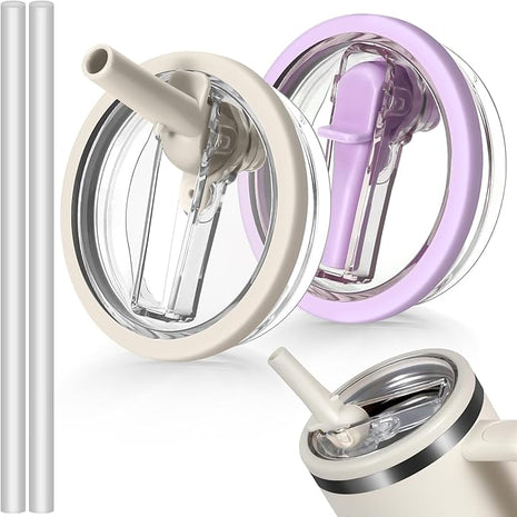 40oz Flip Straw Leak Proof Lid for Stanley H2.0 Quencher Protour Tumbler, 2 Pack Spill Proof Lid Replacement Straw Cover Top for 40 OZ Stanley Cup Accessories (Beige, Purple)