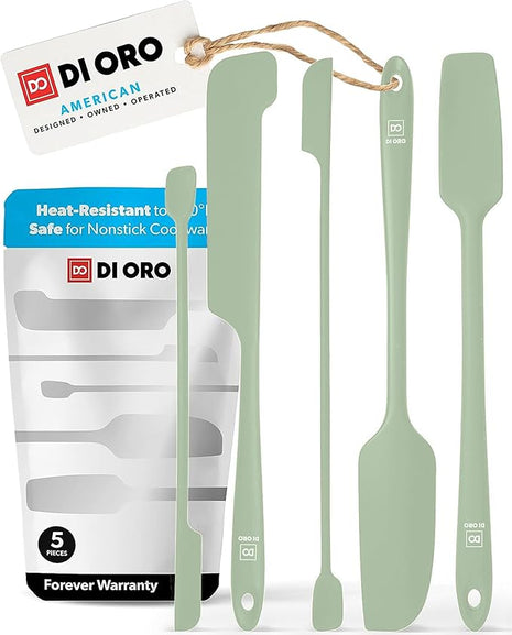 DI ORO Silicone Jar Spatulas for Scraping - Rubber Spatulas Silicone Heat Resistant - Kitchen Spatulas Nonstick Cookware Safe - Silicone Utensil Set for Blenders, Mixing, Baking, & Makeup (5pc, Sage)
