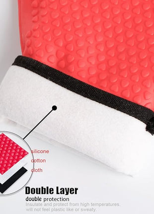 Kitchen Oven Gloves - Dual-Layer Heat Resistant Grilling Gloves, Silicone Oven Mitts with 5 Fingers, Waterproof Non-Slip Pot Holder for Barbecue, Cooking, Baking (Red)