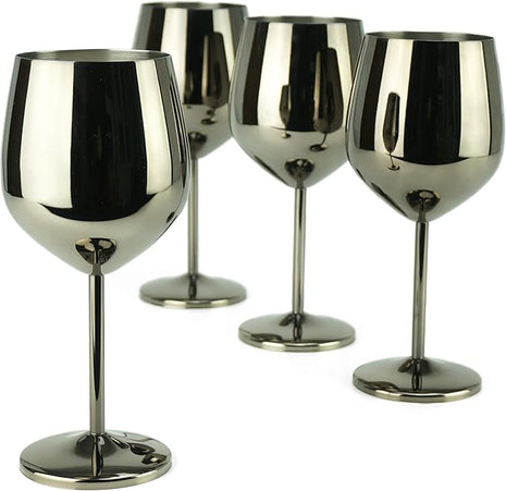 PG Set of 4 Stainless Steel Wine Glasses - 18.5oz Black Unbreakable Stem Metal Wine Goblets