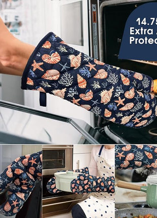 Oven Mitts Cotton Fashion Cute Cowry Design 1pair Heat Resistant Oven Gloves Safe Cooking Baking Grilling Barbecue Machine Washable Pot Holders (Cowry)