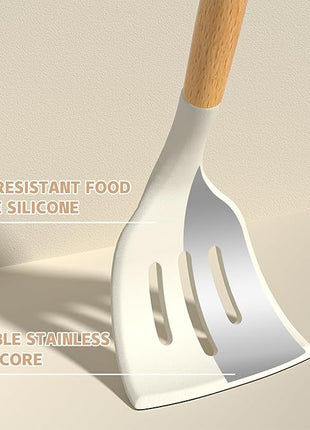 Umite Chef Kitchen Cooking Utensils Set, 33 pcs Non-stick Silicone Cooking Kitchen Utensils Spatula Set with Holder, Wooden Handle Silicone Kitchen Gadgets Utensil Set (Cream White)