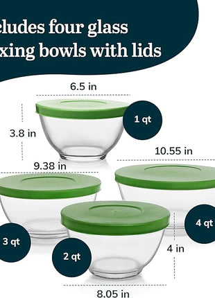 Libbey Baker's Basics 4 Piece Glass Mixing Bowl Set with Plastic Lids - Elegant Nesting Bowls - Glass Mixing Bowls with Lids to Store, Serve and More