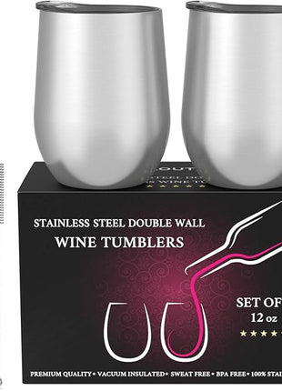 CHILLOUT LIFE 12 oz Stainless Steel Wine Tumblers 2 Pack - Double Wall Vacuum Insulated Wine Glasses Cups with Lids and Straws Set Keeping Cold & Hot for Coffee, Beer, Ice Cream - Dishwasher Safe