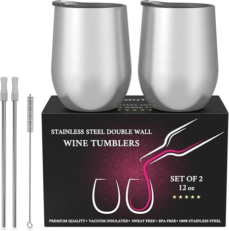 CHILLOUT LIFE 12 oz Stainless Steel Wine Tumblers 2 Pack - Double Wall Vacuum Insulated Wine Glasses Cups with Lids and Straws Set Keeping Cold & Hot for Coffee, Beer, Ice Cream - Dishwasher Safe