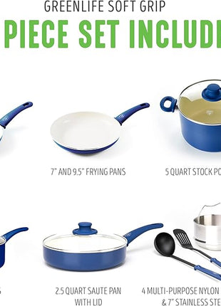 GreenLife Soft Grip Healthy Ceramic Nonstick 12 Piece Cookware Pots and Pans Set, PFAS-Free, Dishwasher Safe, Blue