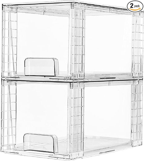 Vtopmart 2 Pack Large Stackable Storage Drawers,Clear Acrylic Drawer Organizers with Handles, Easily Assemble for Bathroom,Kitchen Undersink,Cabinet,Closet,Makeup,Pantry organization and Storage