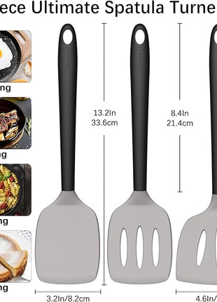 Coukre 3 Pack Silicone Spatula Set, High Heat Resistant, BPA-Free, Fish Spatula, Solid & Slotted Turner for Non-Stick Pans, Flipping Eggs, Pancakes, Fish, Burgers (3, GrayBlack)
