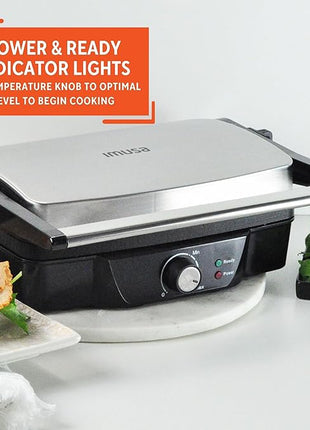 IMUSA Stainless Steel Panini Press Electric with Adjustable Temperature Settings and Nonstick Plates, 1200W