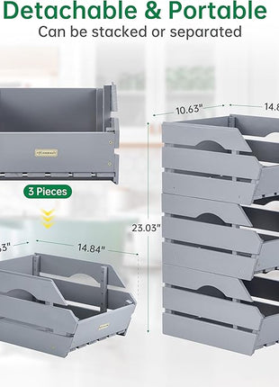 HABAU Wood Potato Onion Storage Bins - Wooden Stackable Produce Basket - Fruit Vegetable Storage for Kitchen Pantry Organization, Set 3 Pieces