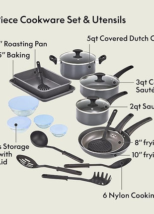 bella Cookware Set with Glass Lids with Nonstick, PFOA Free and Scratch Resistant Surface, Aluminum Bakeware, Pots and Pans, Storage Bowls & Utensils, Compatible with All Stovetops, 21 Piece, Gray