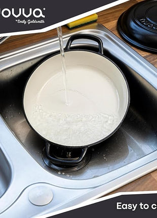 Shallow Cast Iron Casserole with Lid – Non Stick Dutch Oven Pot, Oven Safe up to 500° F – Sturdy Ovenproof Stockpot Cookware – Enamelled Cooking Pot – Black, 5-Quart, 32cm – by Nuovva