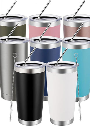 MEWAY 20oz Tumbler 8 Pack Double Wall Vacuum Insulated Travel Mug Bulk, Mix Color Stainless Steel Tumblers with Lid and Straw, Durable Powder Coated Coffee Cups for Cold & Hot Drinks（Color Mix, 8