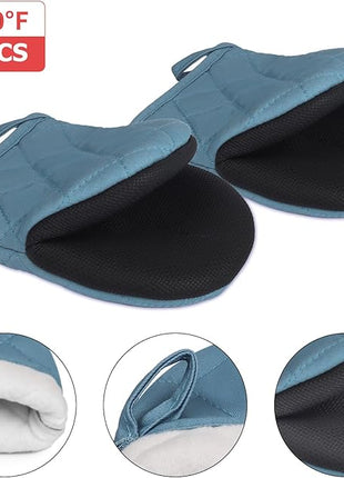 1 Pair Short Oven Mitts, Heat Resistant Silicone Kitchen Mini Oven Mitts for 500 Degrees, Non-Slip Grip Surfaces and Hanging Loop Gloves, Baking Grilling Barbecue Microwave Machine Washable