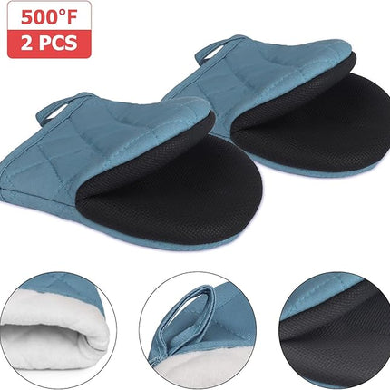 1 Pair Short Oven Mitts, Heat Resistant Silicone Kitchen Mini Oven Mitts for 500 Degrees, Non-Slip Grip Surfaces and Hanging Loop Gloves, Baking Grilling Barbecue Microwave Machine Washable