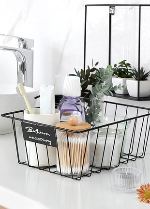 8 Pack Wire Storage Baskets for Organizing with Removable Tags, Pantry Organization Bins for Kitchen Cabinets, Closet - Metal Basket for Laundry, Garage, Refridge, Bathroom Countertop Organizer, Black