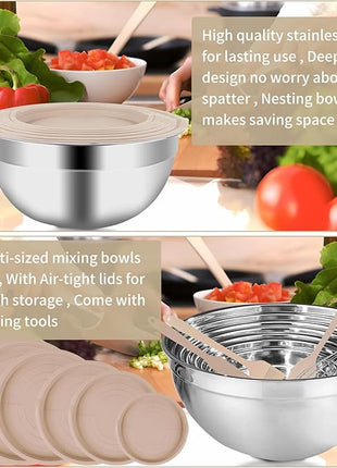 Mixing Bowls Set, 27PCS Khaki Mixing Bowls With Lids Set Stainless Steel Kitchen Large Nesting Metal Bowl 7QT to 1.5QT, Measuring Cups and Spoons for Prepping Cooking Serving