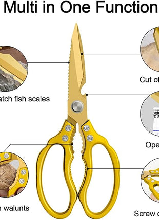 CGBE Kitchen Scissors, Multi-Purpose Kitchen Shears, Heavy Duty Dishwasher Safe Food Scissors for Chicken, Poultry, Fish, Meat & Herbs with Non-Slip Grips - ALL Gold