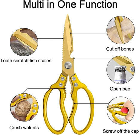 CGBE Kitchen Scissors, Multi-Purpose Kitchen Shears, Heavy Duty Dishwasher Safe Food Scissors for Chicken, Poultry, Fish, Meat & Herbs with Non-Slip Grips - ALL Gold