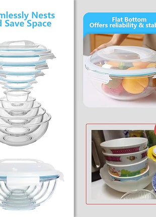 WhiteRhino Glass Mixing Bowl with Lids Set of 5, 0.2, 0.5, 1.1, 2.1, 3.75 QT, Large Salad Bowls with BPA-Free Lids, Space-Saving Nesting Bowls for Kitchen Food Storage, Glass bowl for Cooking, Baking