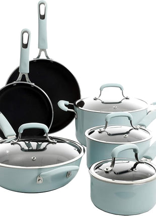 Kenmore Elite Andover Nonstick Platinum Forged Aluminum Cookware Set, 10-Piece, Glacier Blue