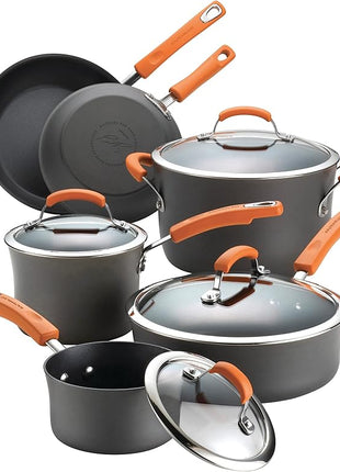 Rachael Ray Brights Hard-Anodized Aluminum Nonstick Cookware Set with Glass Lids, 10-Piece Pot and Pan Set, Gray with Orange Handles