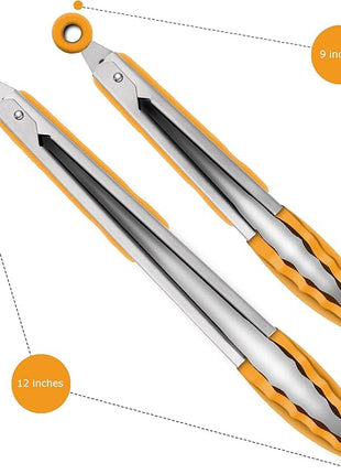 9-Inch & 12-Inch Premium Stainless Steel Food Tongs, Orange Silicone BPA Free Non-Stick BBQ Cooking Grilling Locking Kitchen Tong